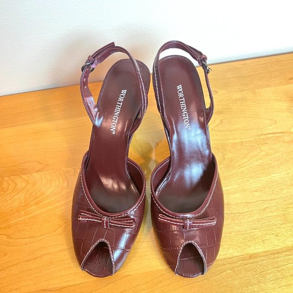 Worthington Size 6.5 Burgundy Mahogany‎ Red Croc Alligator Peep Toe Heels Shoes - Picture 2 of 13